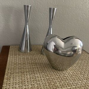 Nina Oberoi heart shaped vase and 2 IKEA candle stick holders